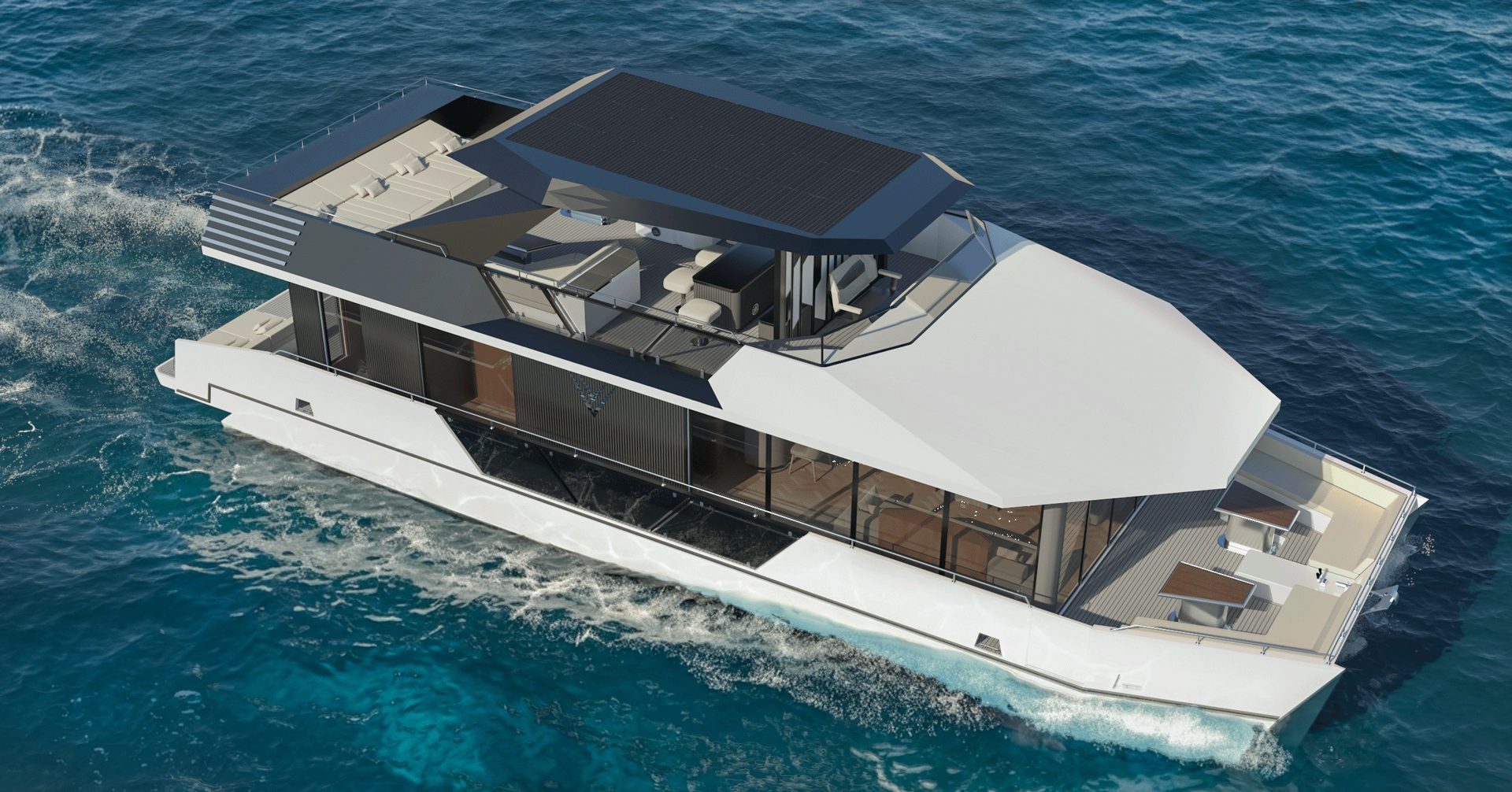 RISE 60 GRP V-CAT catamaran cruising on open water, seen from above