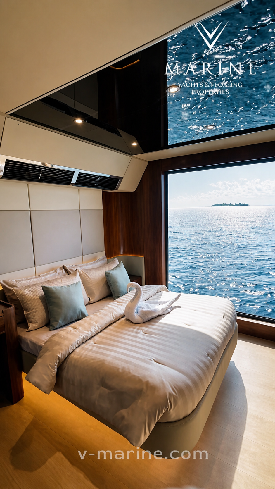 RISE 60 master suite with queen bed facing a panoramic sea window