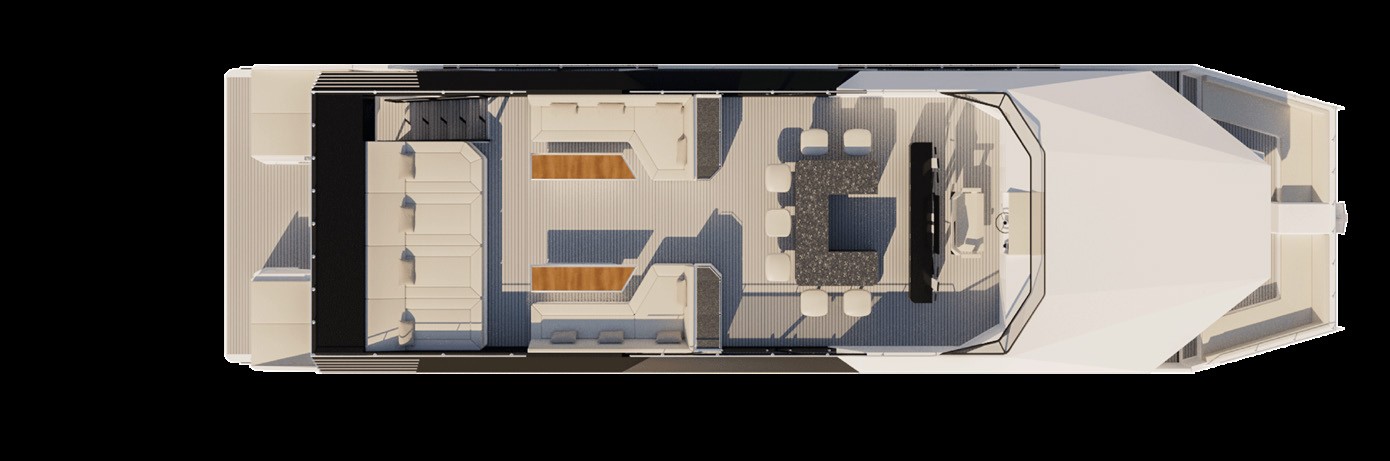 RISE 60 top deck layout plan showing flybridge lounge, dining, bar and central helm